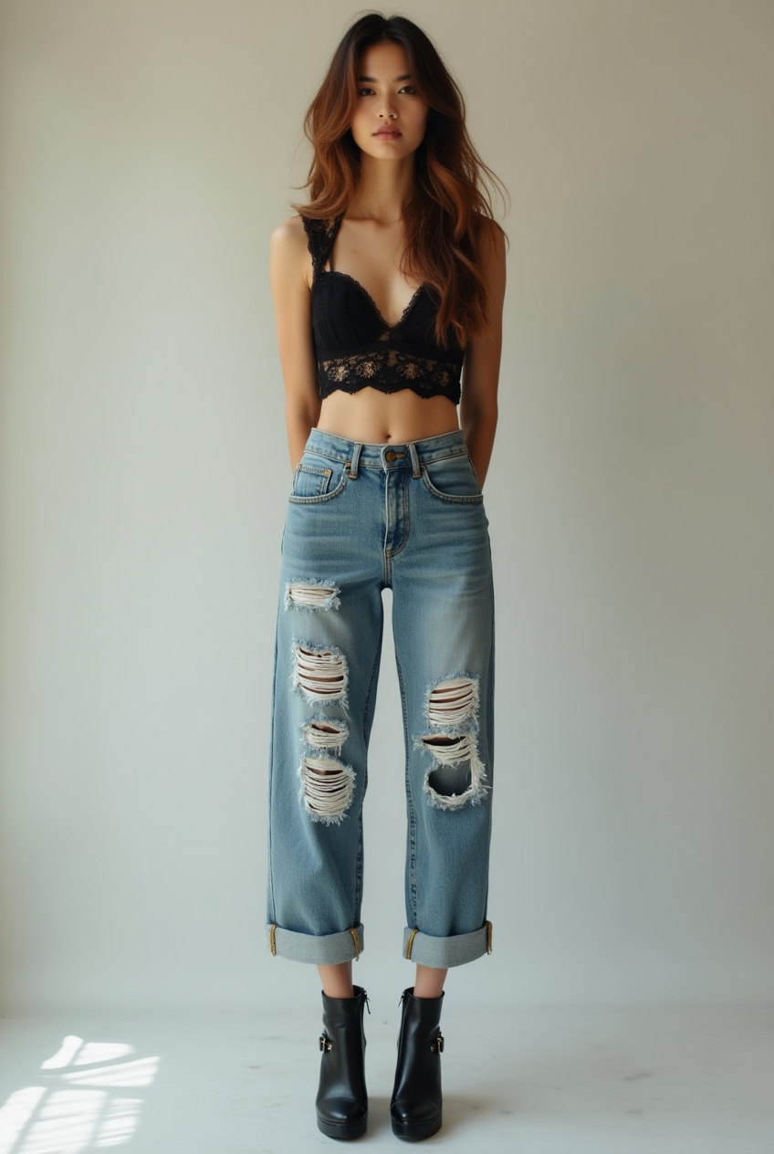 Shop The Look: Closed Toe Platform with Distressed boyfriend jeans and Cropped lace bodysuit for Edgy Romance
