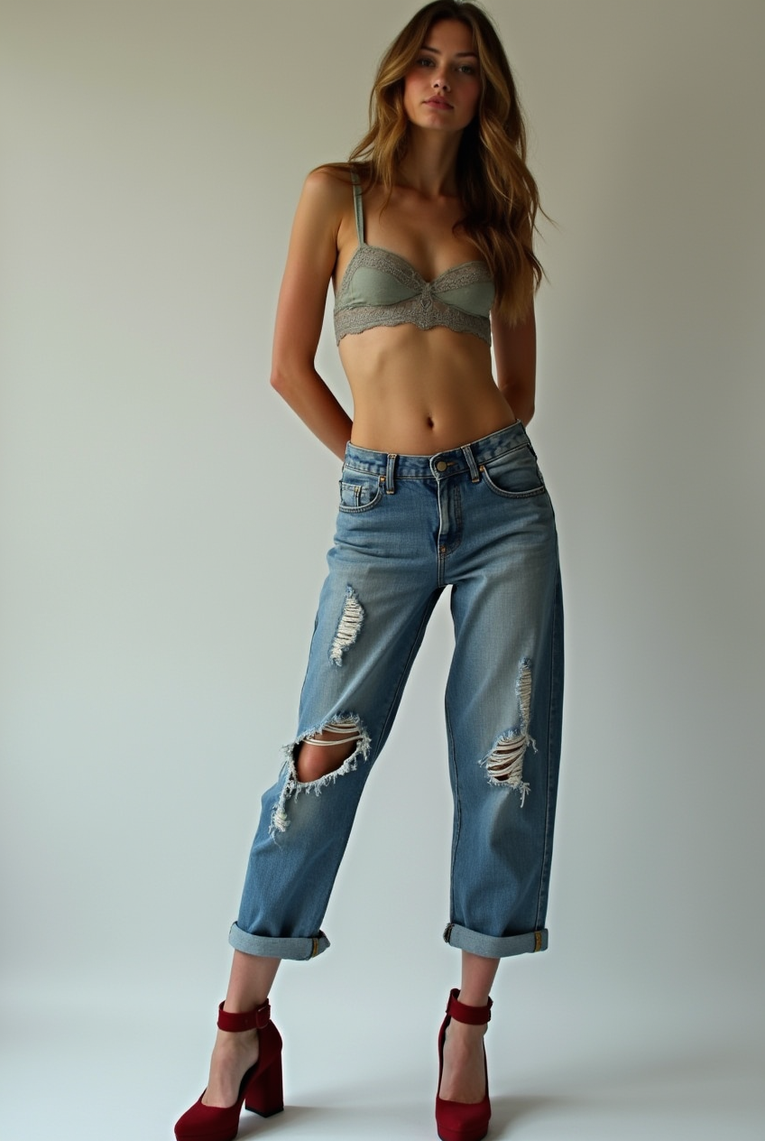 Shop The Look: Closed Toe Platform with Distressed boyfriend jeans and Cropped lace bodysuit for Edgy Romance
