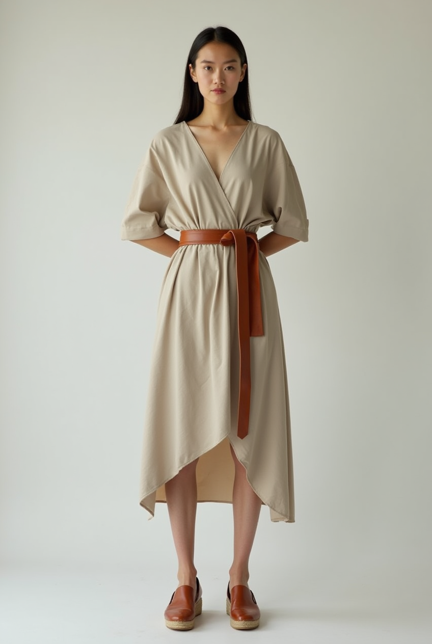 Shop the Look: Square Toe Wedge Heel with Wrap-Style Jersey Dress and Wide Leather Obi Belt for Sculpted Casual