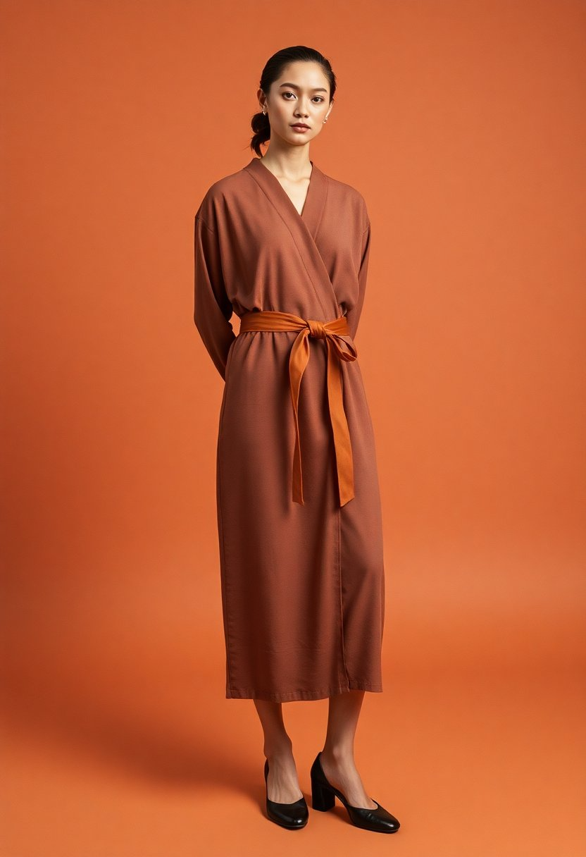 Shop the Look: Square Toe Wedge Heel with Wrap-Style Jersey Dress and Wide Leather Obi Belt for Sculpted Casual