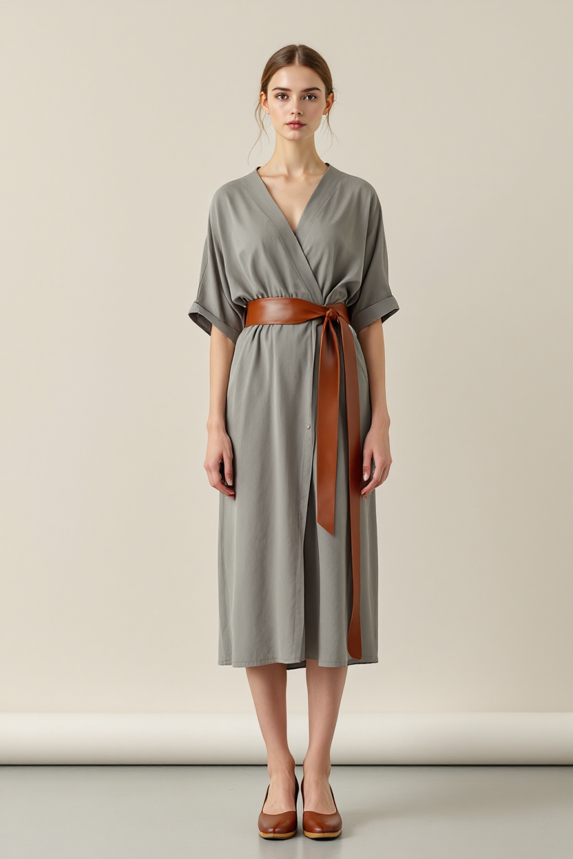 Shop the Look: Square Toe Wedge Heel with Wrap-Style Jersey Dress and Wide Leather Obi Belt for Sculpted Casual