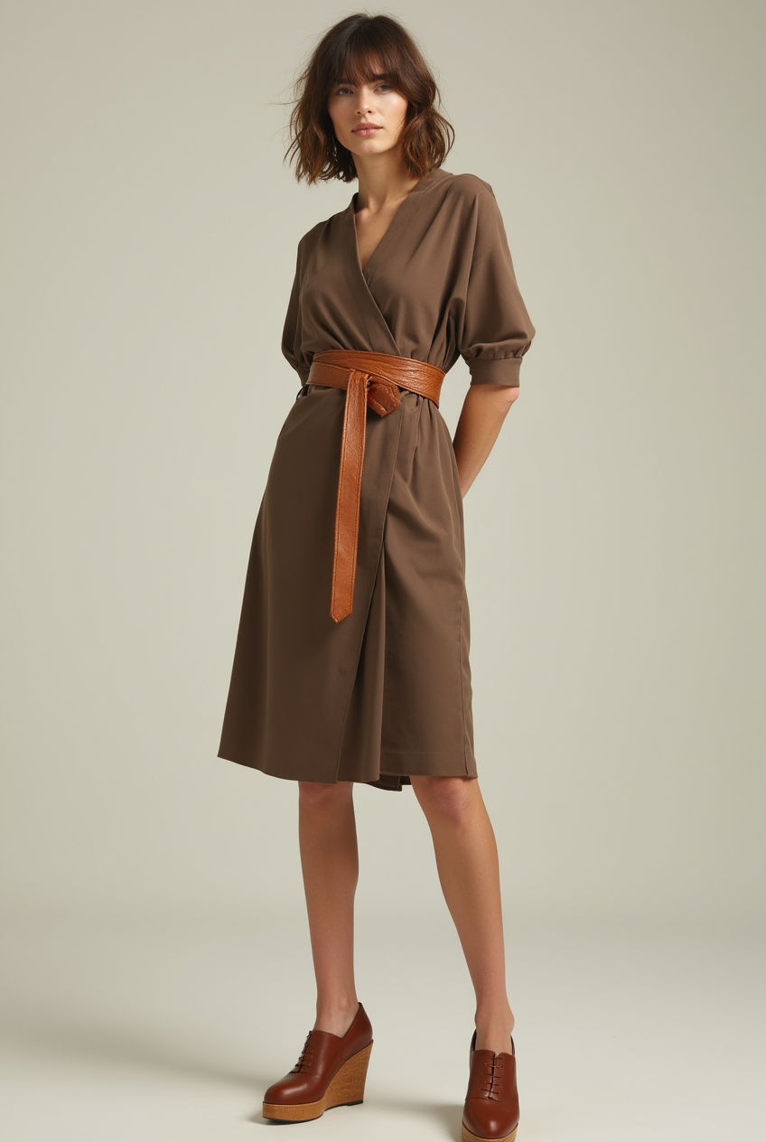 Shop the Look: Square Toe Wedge Heel with Wrap-Style Jersey Dress and Wide Leather Obi Belt for Sculpted Casual