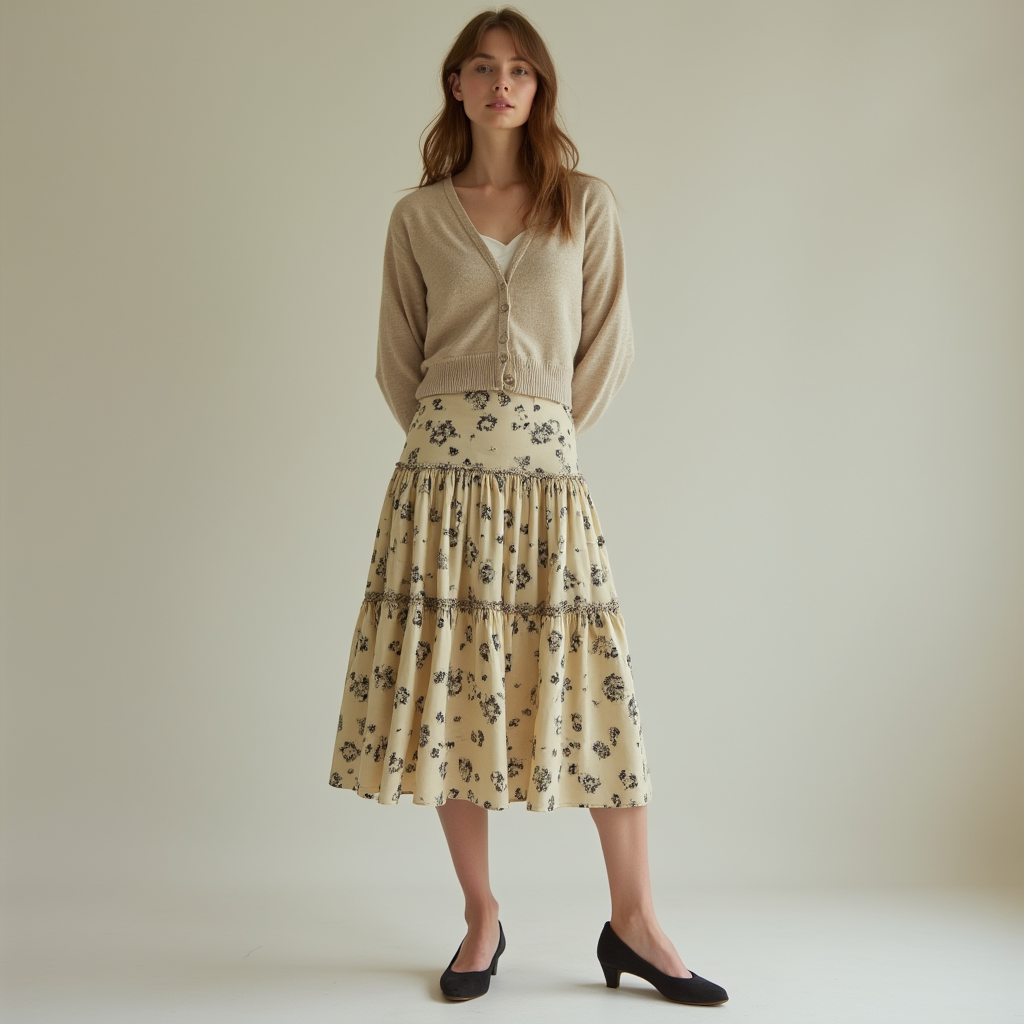 Shop the Look Bump Toe Comma Heel with Tiered Midi Skirt and Cropped Cardigan for Poetic Pragmatism