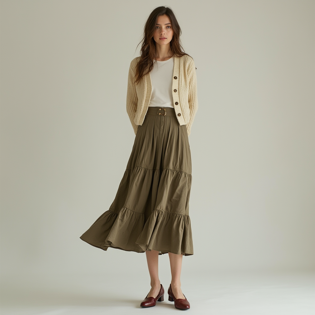 Shop the Look Bump Toe Comma Heel with Tiered Midi Skirt and Cropped Cardigan for Poetic Pragmatism