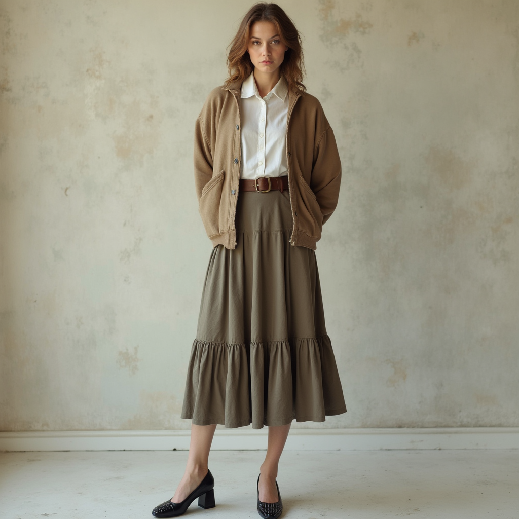 Shop the Look Bump Toe Comma Heel with Tiered Midi Skirt and Cropped Cardigan for Poetic Pragmatism