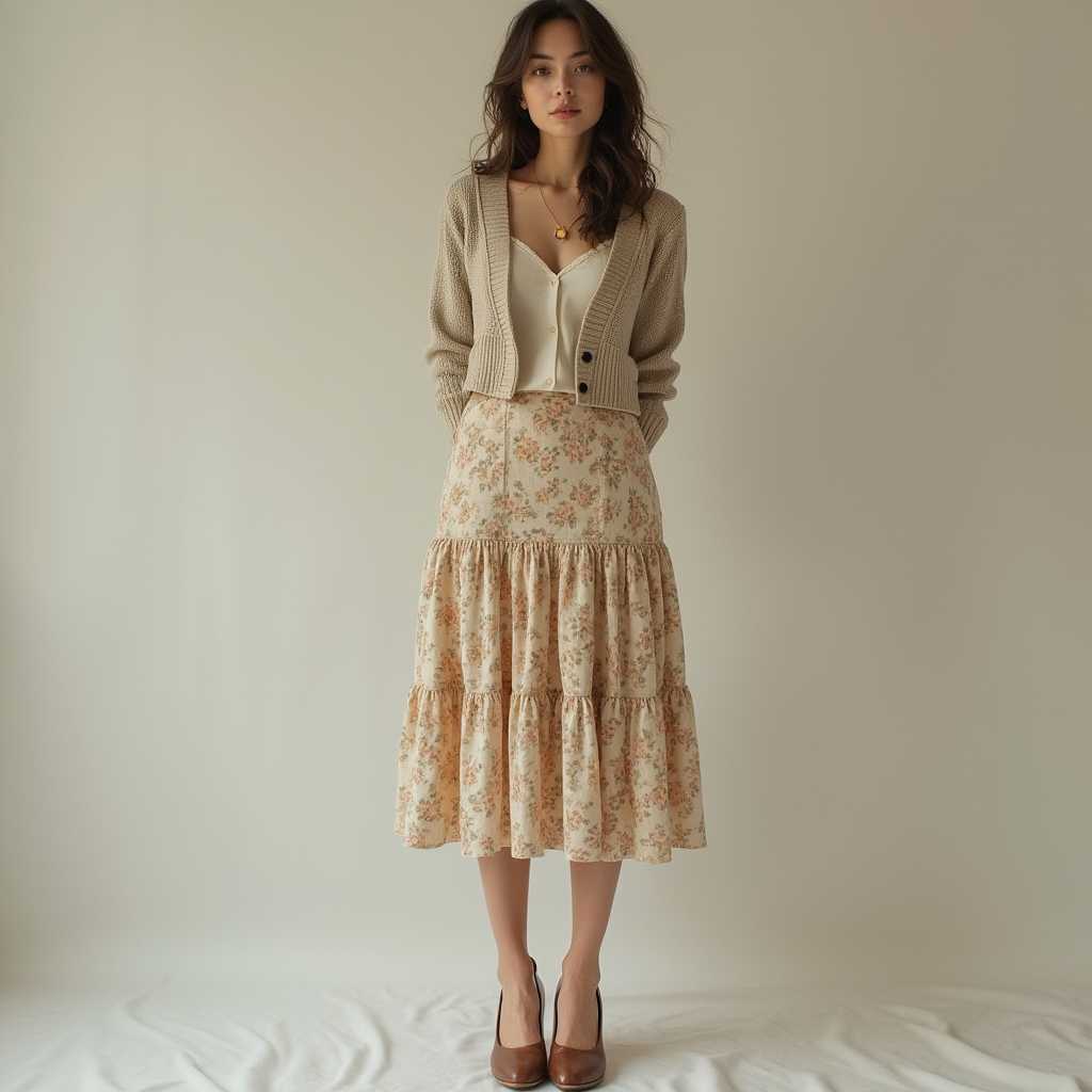 Shop the Look Bump Toe Comma Heel with Tiered Midi Skirt and Cropped Cardigan for Poetic Pragmatism