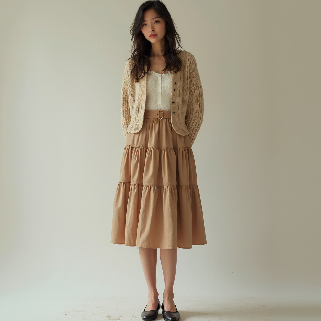 Shop the Look Bump Toe Comma Heel with Tiered Midi Skirt and Cropped Cardigan for Poetic Pragmatism