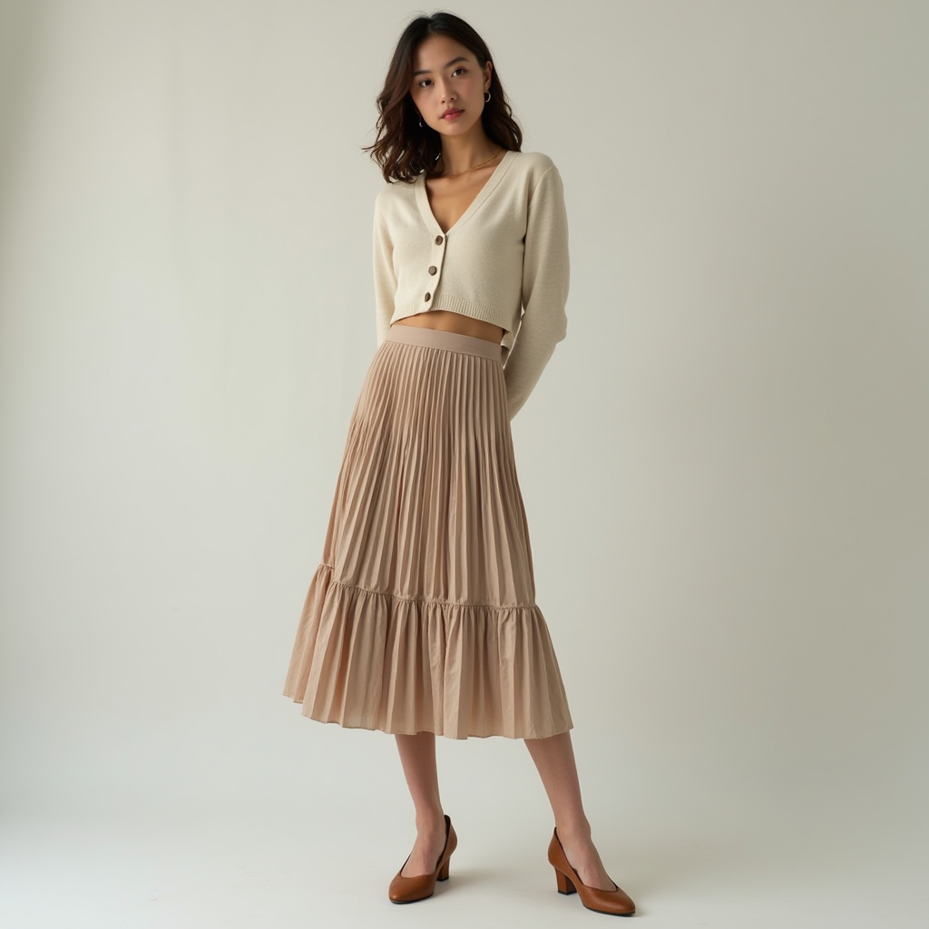 Shop the Look Bump Toe Comma Heel with Tiered Midi Skirt and Cropped Cardigan for Poetic Pragmatism