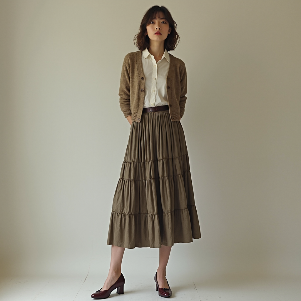 Shop the Look Bump Toe Comma Heel with Tiered Midi Skirt and Cropped Cardigan for Poetic Pragmatism