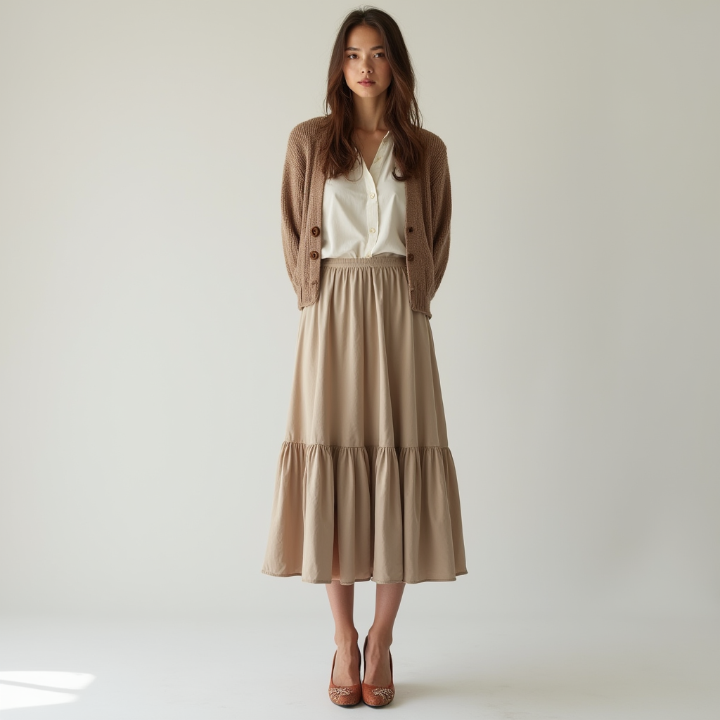 Shop the Look Bump Toe Comma Heel with Tiered Midi Skirt and Cropped Cardigan for Poetic Pragmatism