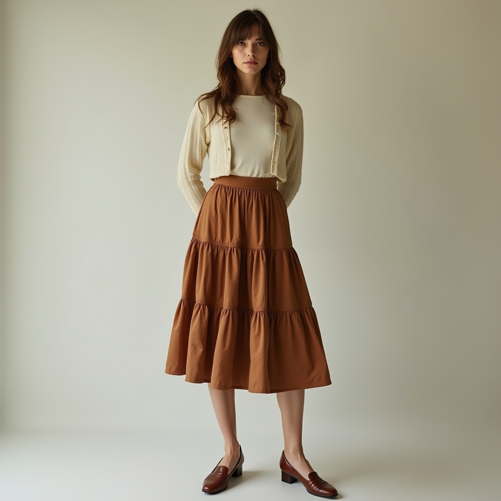 Shop the Look Bump Toe Comma Heel with Tiered Midi Skirt and Cropped Cardigan for Poetic Pragmatism