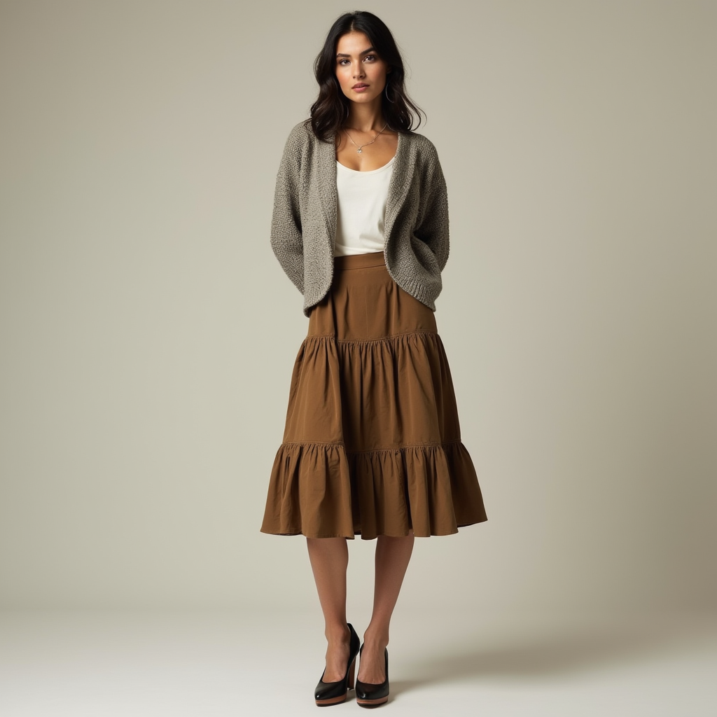 Shop the Look Bump Toe Comma Heel with Tiered Midi Skirt and Cropped Cardigan for Poetic Pragmatism