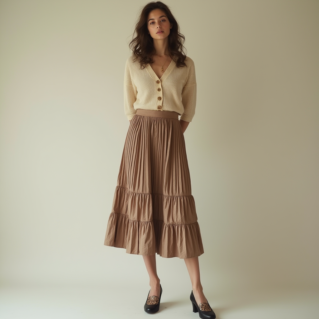 Shop the Look Bump Toe Comma Heel with Tiered Midi Skirt and Cropped Cardigan for Poetic Pragmatism