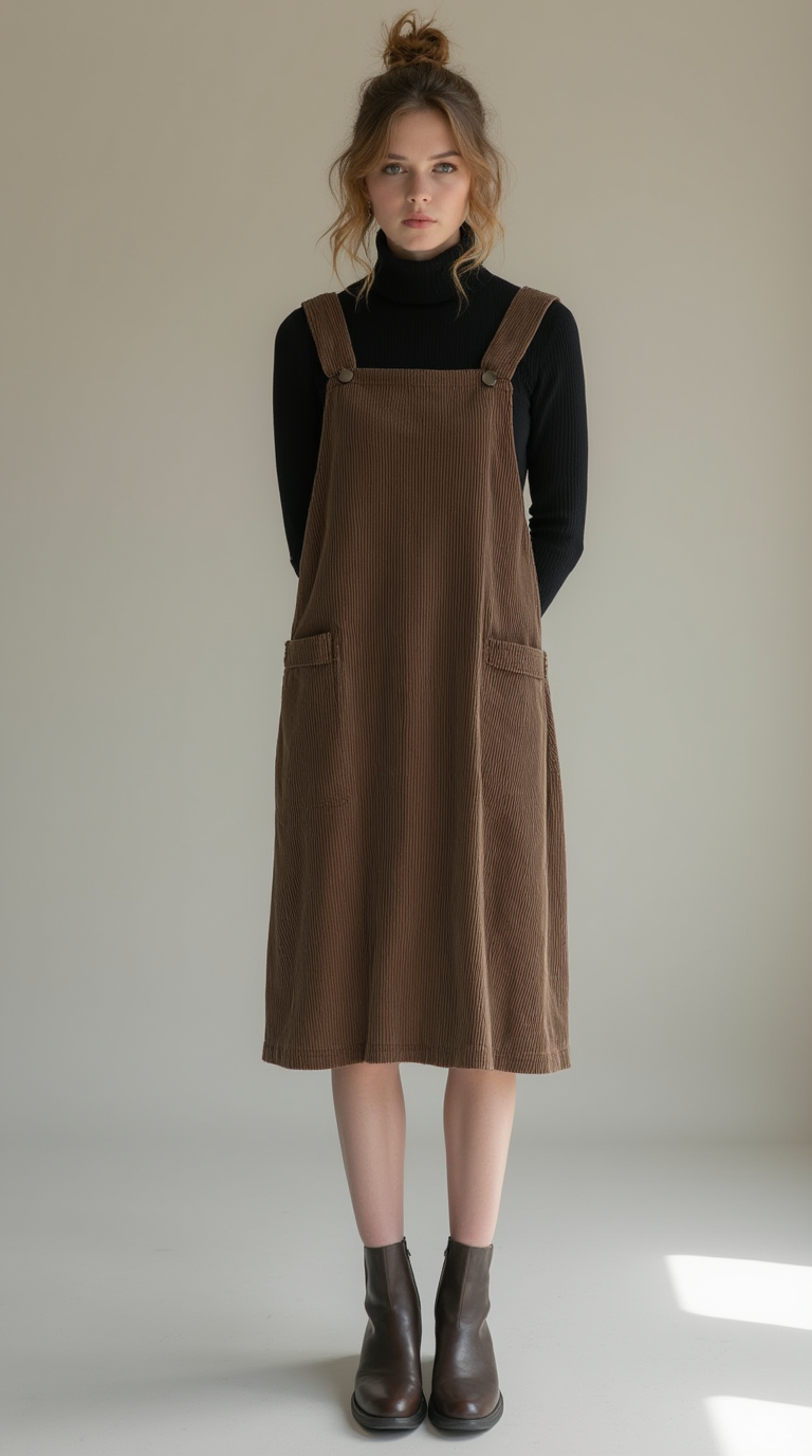 Shop the Look: Moc Toe Block Heel with Corduroy Pinafore Dress and Ribbed Turtleneck Bodysuit for Modern Schoolgirl