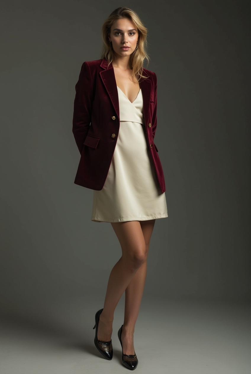 Shop The Look: Plain Toe French Heel with Bias-cut satin slip dress and Velvet blazer for Luxe Layering
