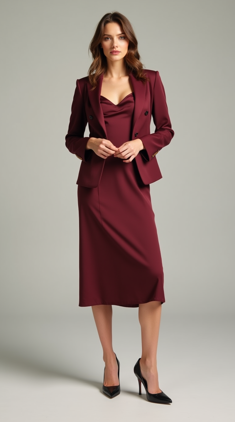 Shop The Look: Plain Toe French Heel with Bias-cut satin slip dress and Velvet blazer for Luxe Layering
