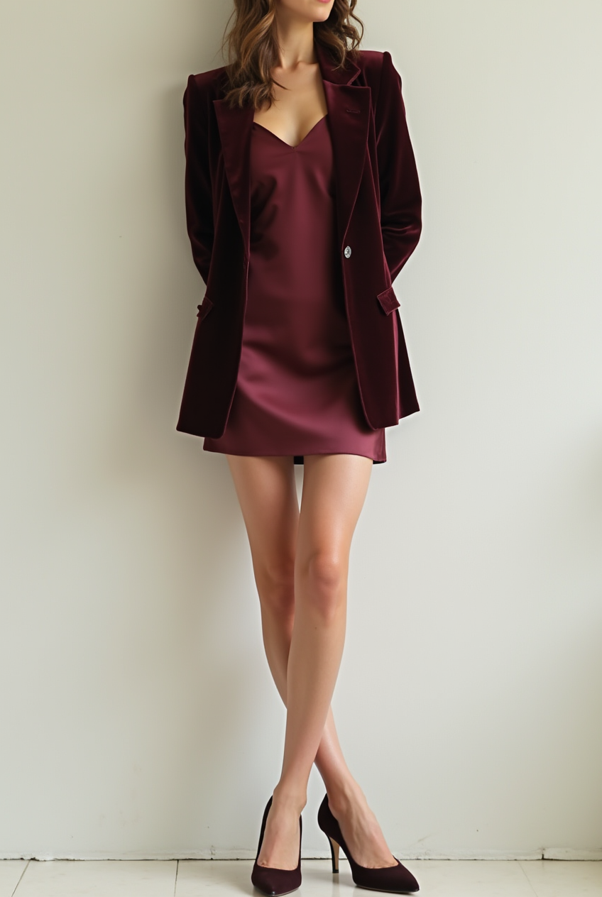 Shop The Look: Plain Toe French Heel with Bias-cut satin slip dress and Velvet blazer for Luxe Layering
