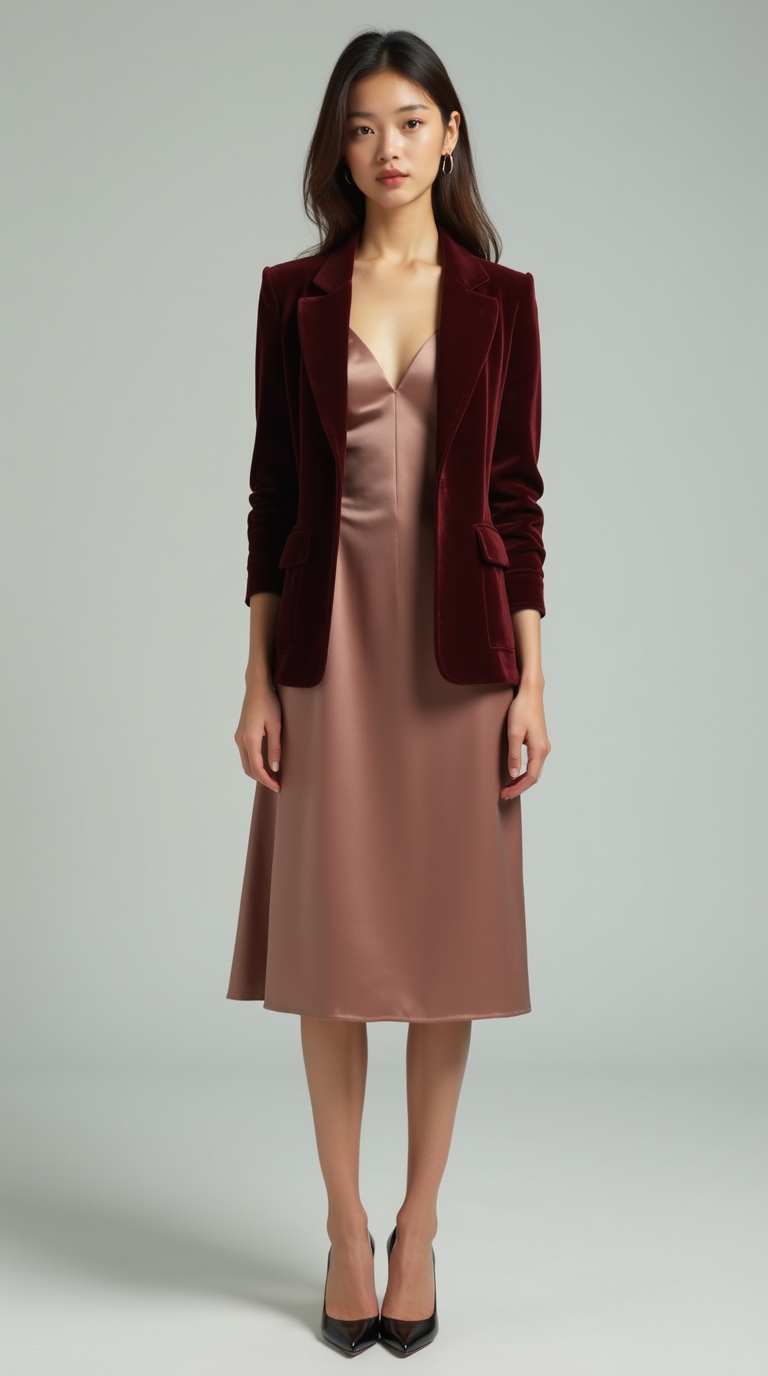 Shop The Look: Plain Toe French Heel with Bias-cut satin slip dress and Velvet blazer for Luxe Layering
