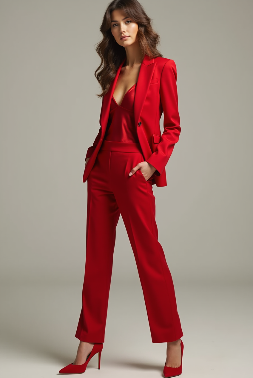 Shop the Look Pointed Toe Stiletto Heel with Tailored Red Power Suit and Silk Camisole