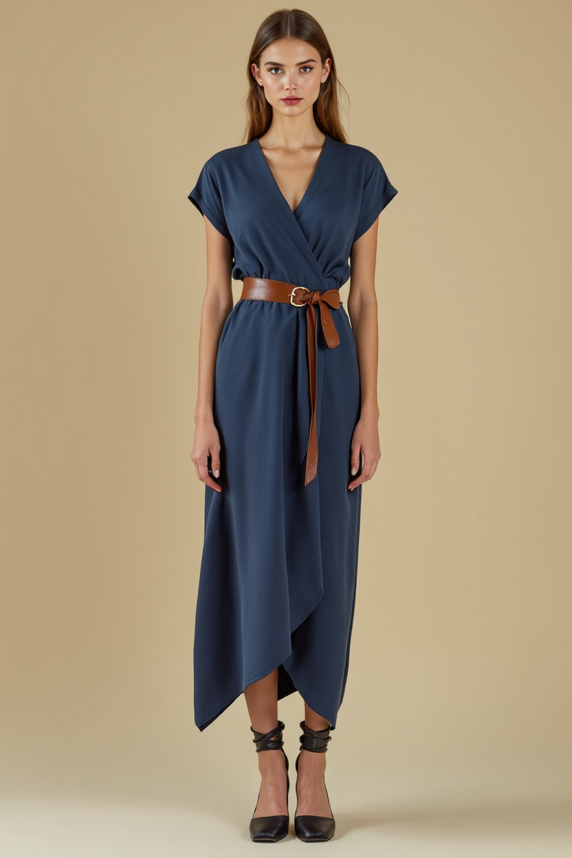 Shop the Look: Square Toe Wedge Heel with Wrap-Style Jersey Dress and Wide Leather Obi Belt for Sculpted Casual