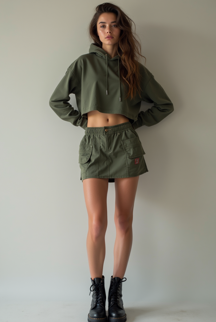 Female model wearing Steel Toe Block Heel with Cargo Jogger Skirt and Cropped Hoodie