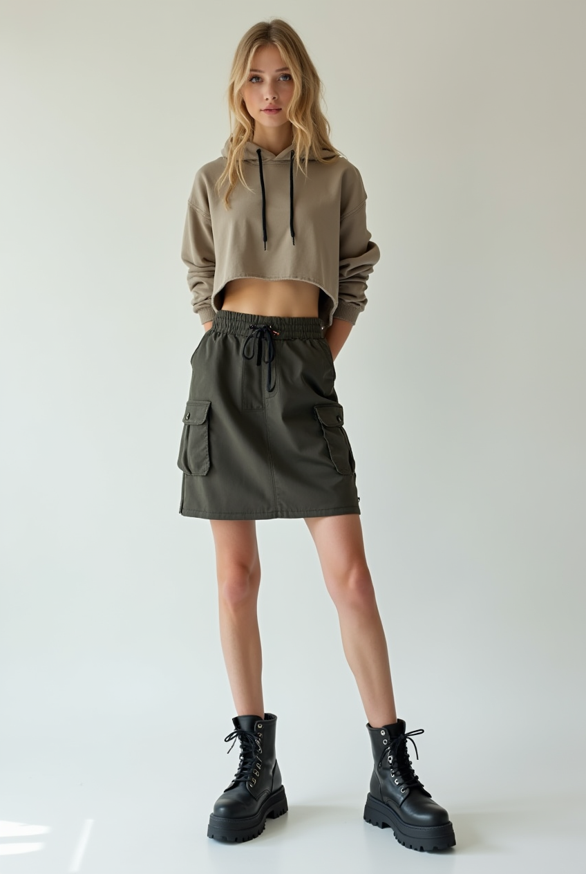 Female model wearing Steel Toe Block Heel with Cargo Jogger Skirt and Cropped Hoodie
