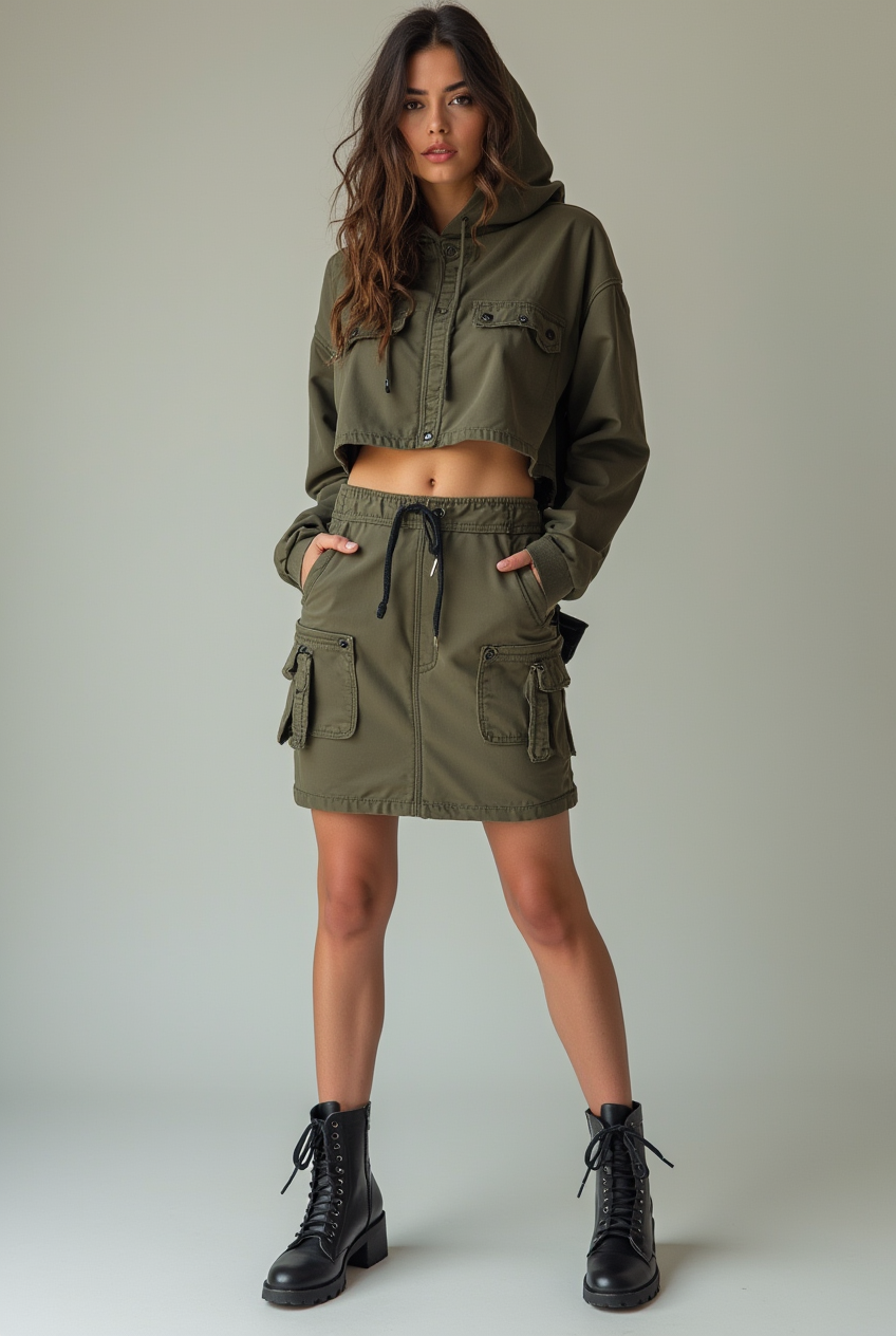 Female model wearing Steel Toe Block Heel with Cargo Jogger Skirt and Cropped Hoodie