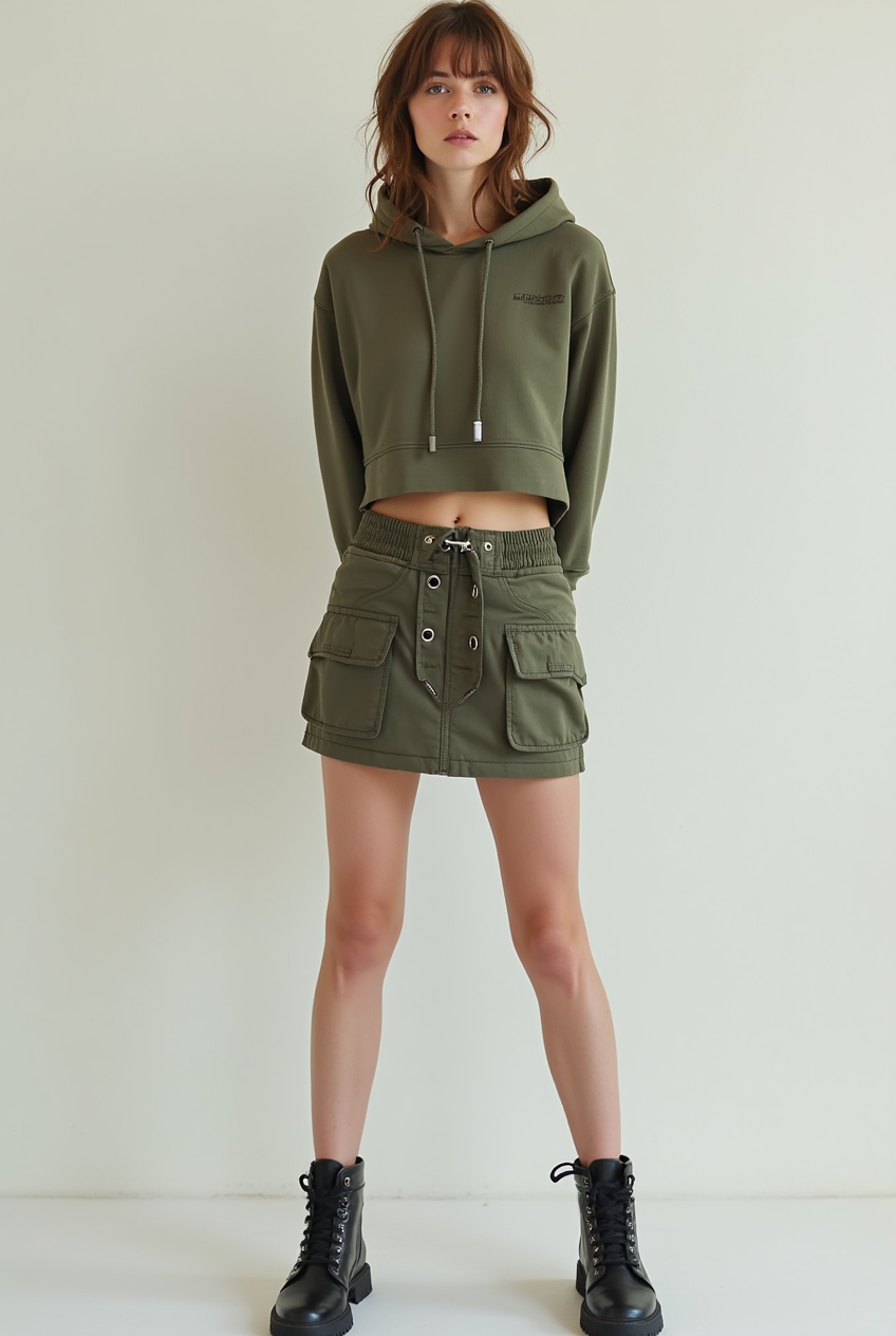 Female model wearing Steel Toe Block Heel with Cargo Jogger Skirt and Cropped Hoodie