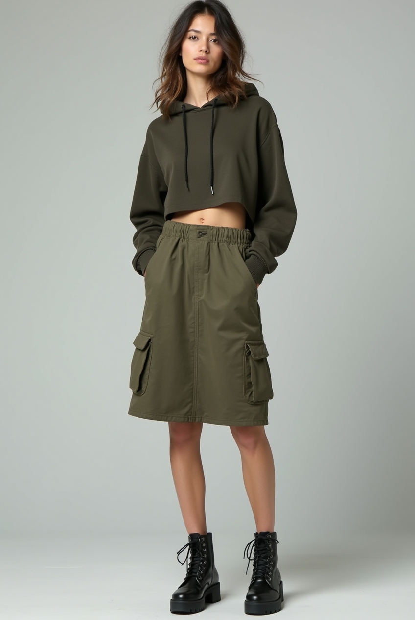 Female model wearing Steel Toe Block Heel with Cargo Jogger Skirt and Cropped Hoodie