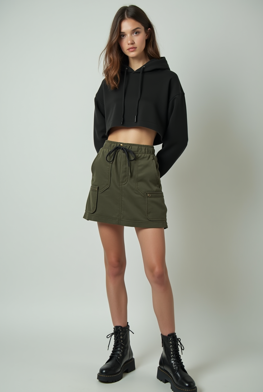 Female model wearing Steel Toe Block Heel with Cargo Jogger Skirt and Cropped Hoodie