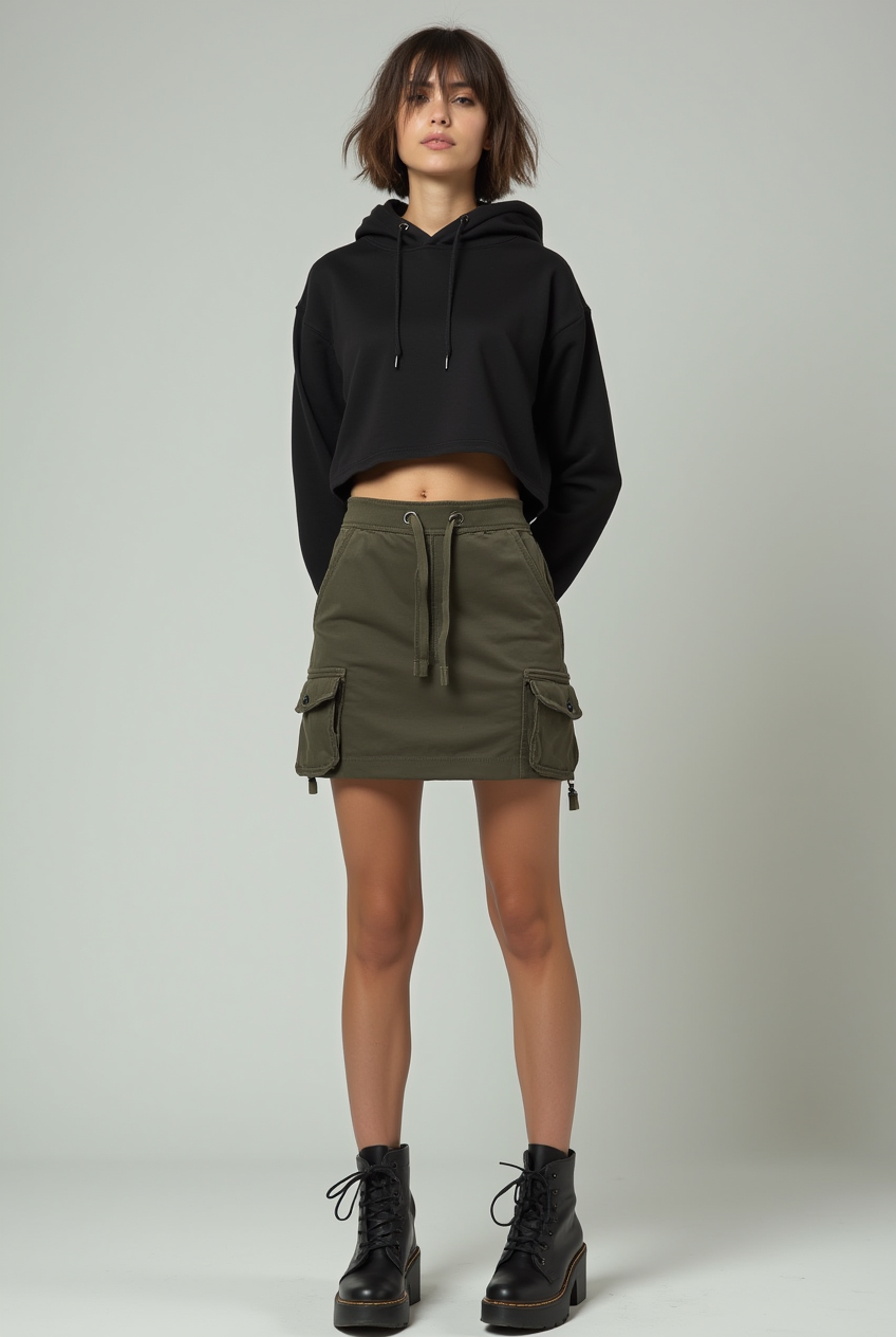 Female model wearing Steel Toe Block Heel with Cargo Jogger Skirt and Cropped Hoodie