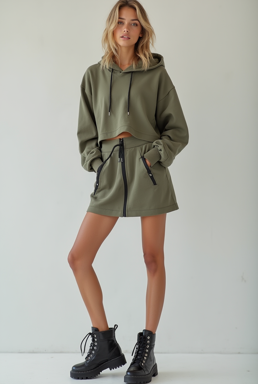 Female model wearing Steel Toe Block Heel with Cargo Jogger Skirt and Cropped Hoodie