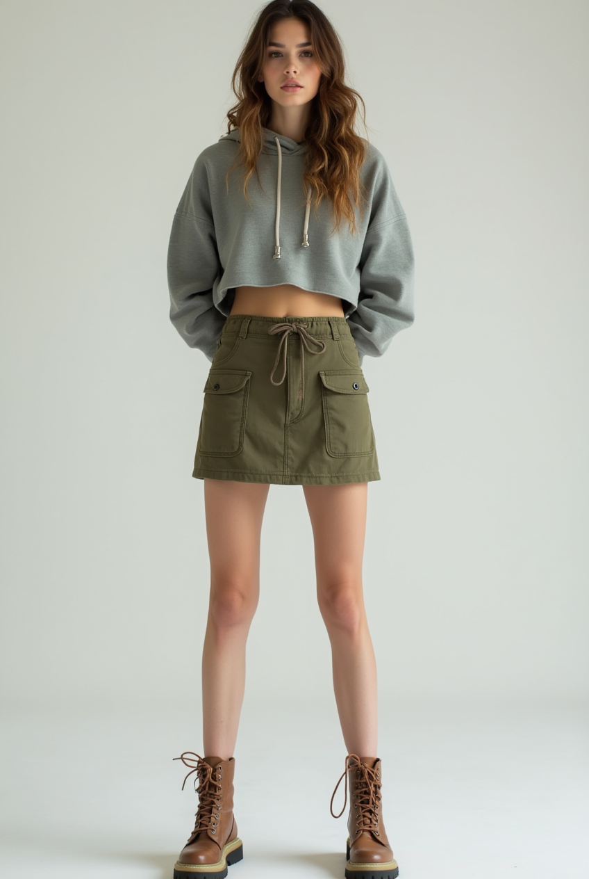 Female model wearing Steel Toe Block Heel with Cargo Jogger Skirt and Cropped Hoodie