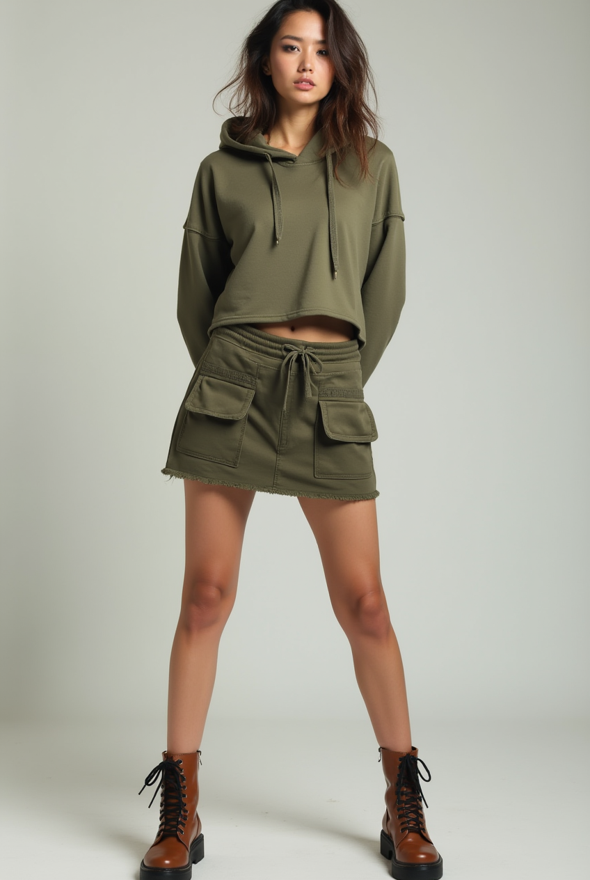 Female model wearing Steel Toe Block Heel with Cargo Jogger Skirt and Cropped Hoodie