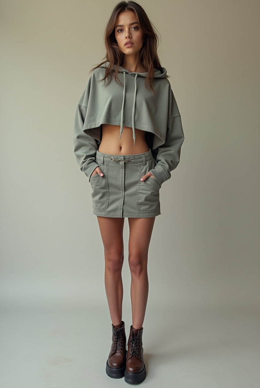 Female model wearing Steel Toe Block Heel with Cargo Jogger Skirt and Cropped Hoodie
