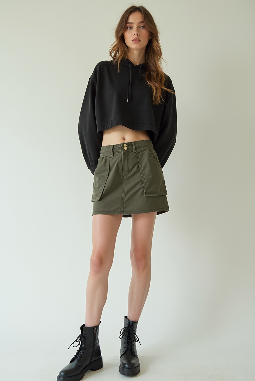 Female model wearing Steel Toe Block Heel with Cargo Jogger Skirt and Cropped Hoodie