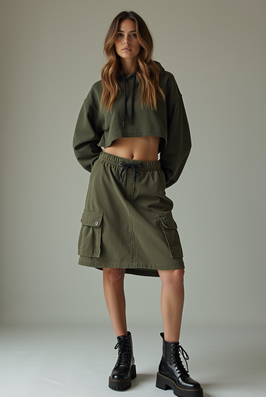 Female model wearing Steel Toe Block Heel with Cargo Jogger Skirt and Cropped Hoodie