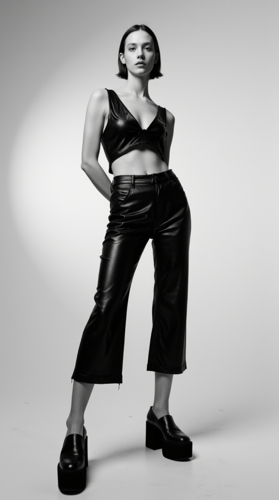 female model wearing Square Toe Platform with Leather Culottes and Metallic Bodysuit