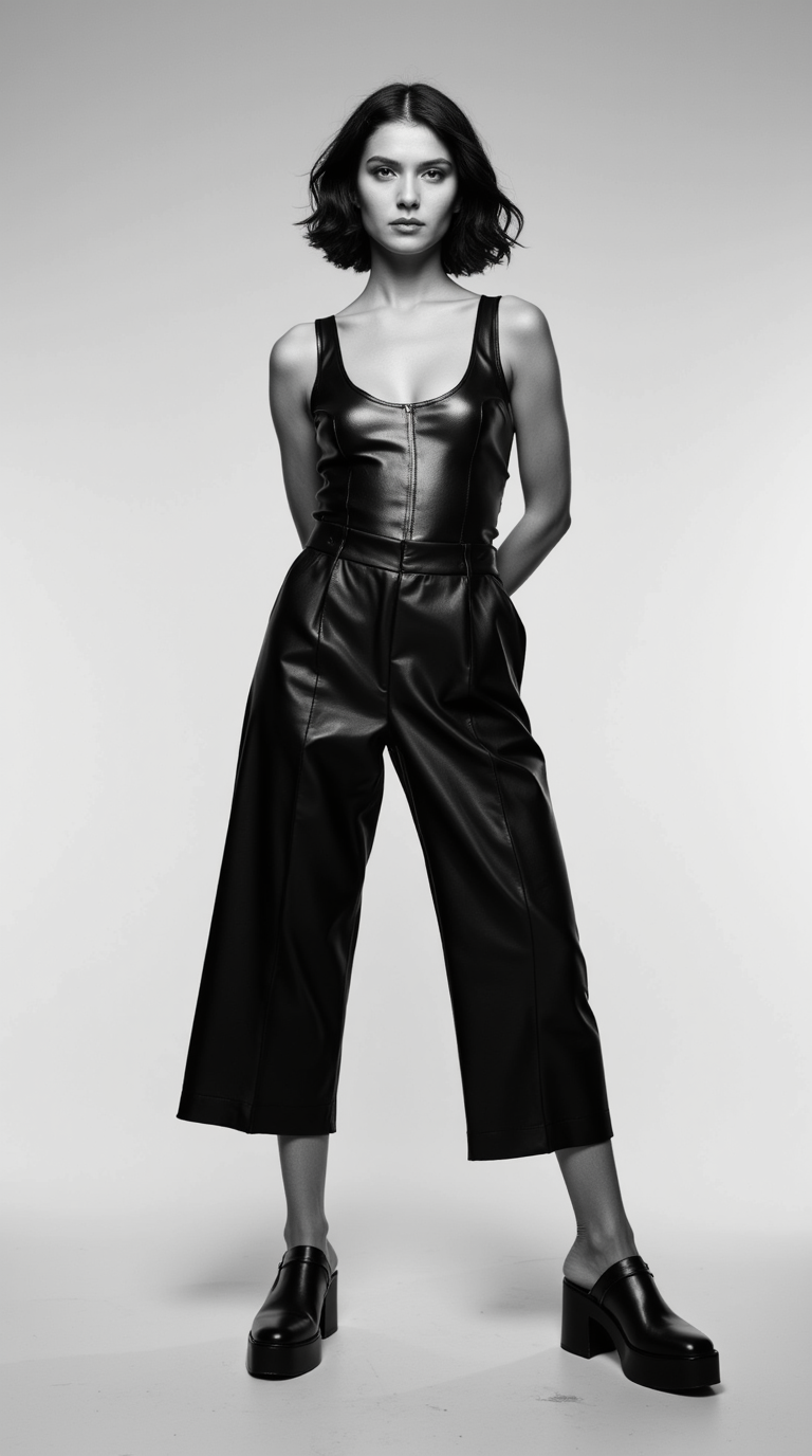 Square Toe Platform with Leather Culottes and Metallic Bodysuit
