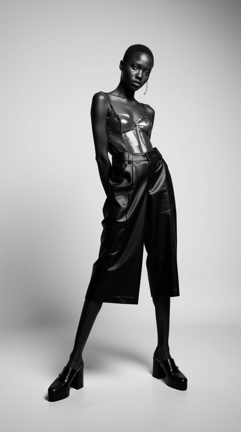 Square Toe Platform with Leather Culottes and Metallic Bodysuit