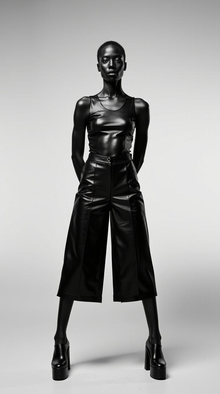 Square Toe Platform with Leather Culottes and Metallic Bodysuit