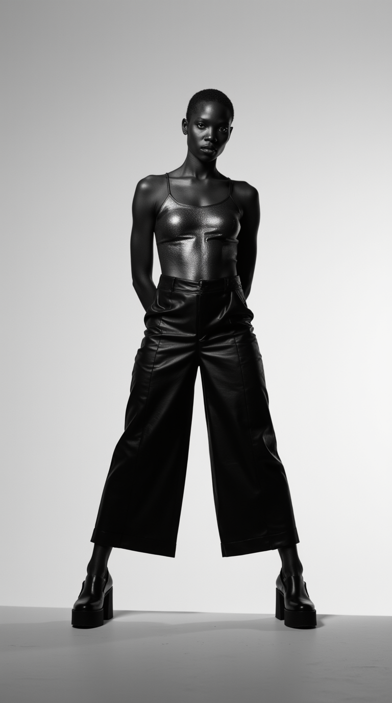 Square Toe Platform with Leather Culottes and Metallic Bodysuit