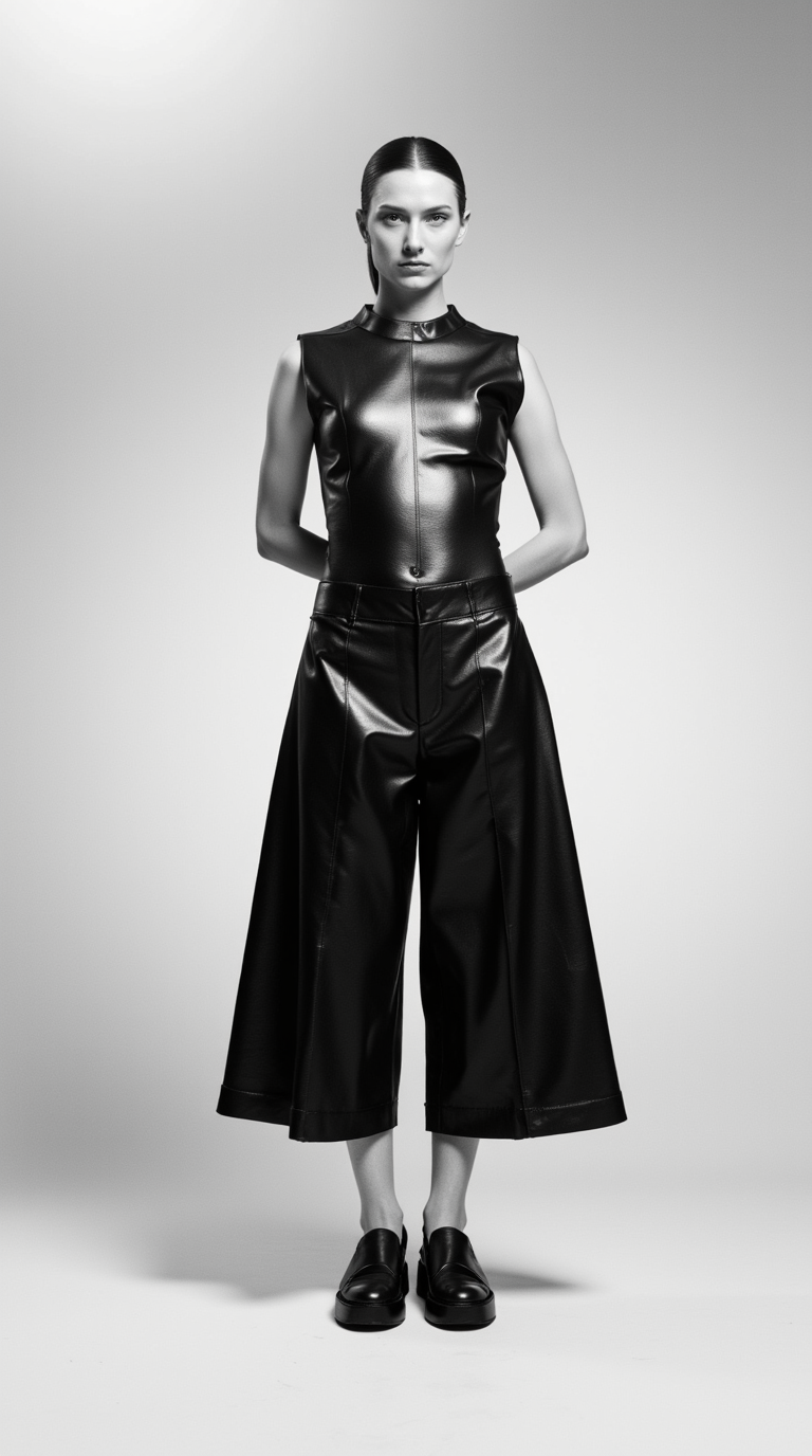 Square Toe Platform with Leather Culottes and Metallic Bodysuit